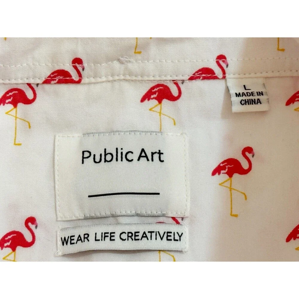 PUBLIC‎ ART Men's Short Sleeve Button Down Flamingo Shirt White Large